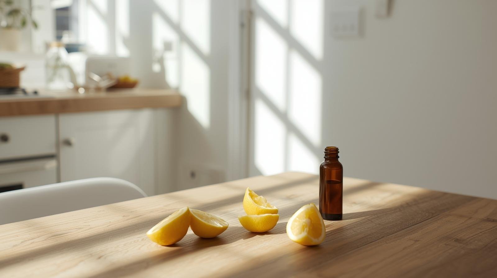 Citrom illóolaj friss citromokkal természetes fényben