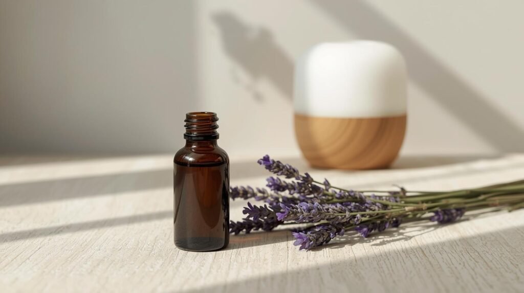 Levendula illóolaj üvegcsében friss levendulával, világos enteriőrben