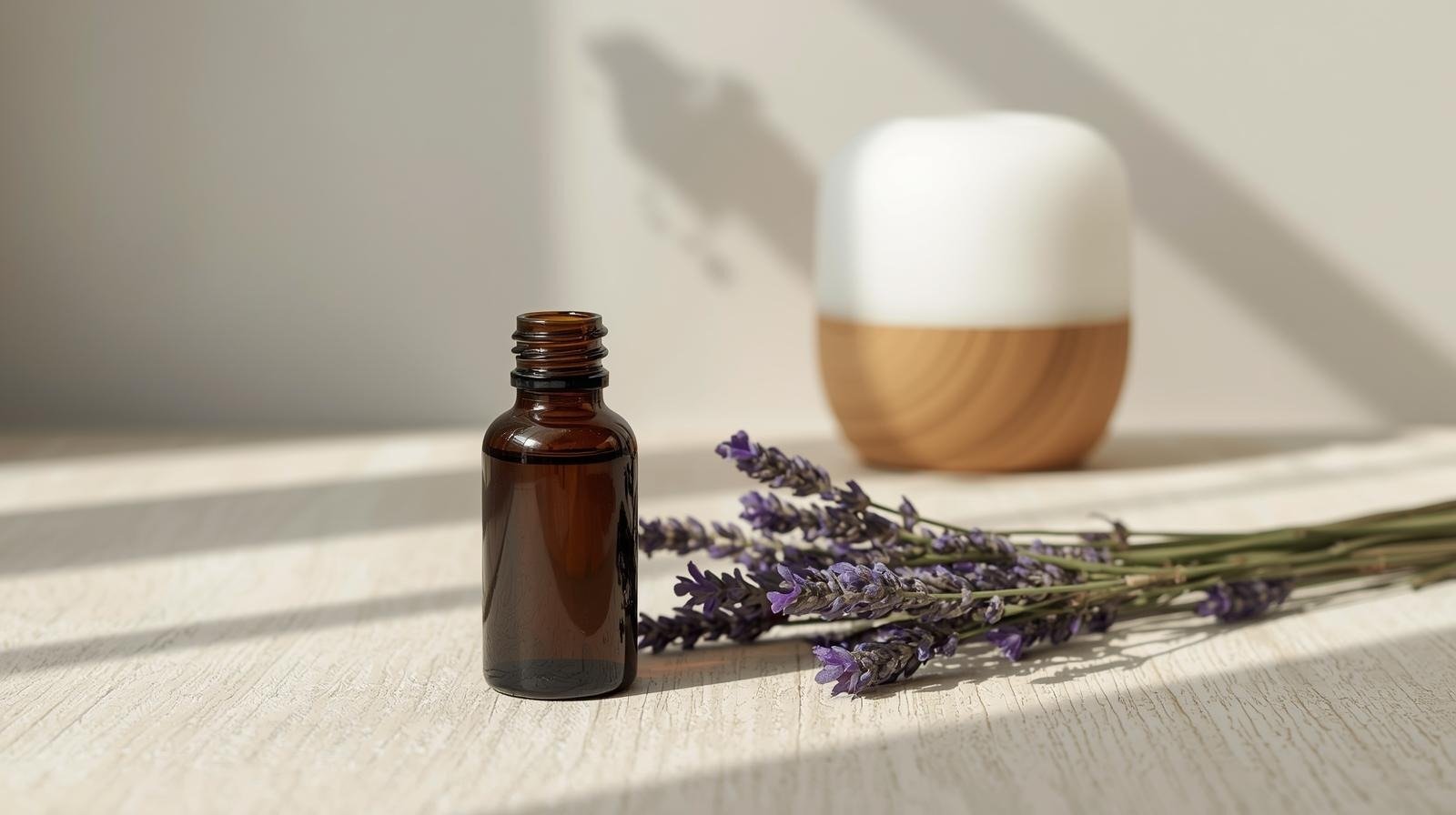 Levendula illóolaj üvegcsében friss levendulával, világos enteriőrben