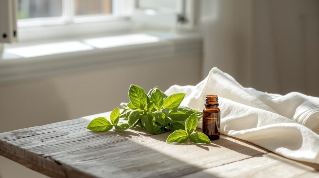 Citromfű illóolaj és friss citromfű ágak természetes fényben, letisztult környezetben