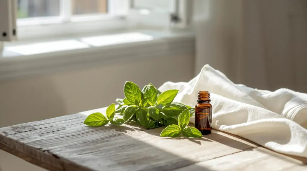 Citromfű illóolaj és friss citromfű ágak természetes fényben, letisztult környezetben