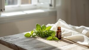 Citromfű illóolaj és friss citromfű ágak természetes fényben, letisztult környezetben