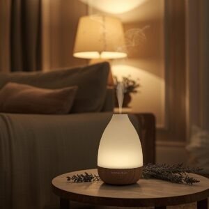 Diffúzor működés közben egy esti, tompított fényű nappaliban. Mellette levendula és citromfű ágak finoman elrendezve. A háttérben meleg fényű lámpa, puha textíliák, csendes, lecsendesítő atmoszféra.